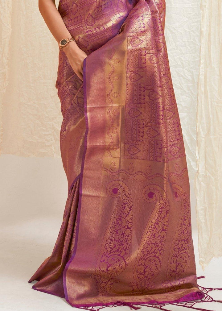 Deep Purple & Golden Blend Kanjivaram Silk Saree | Stitched Blouse - qivii