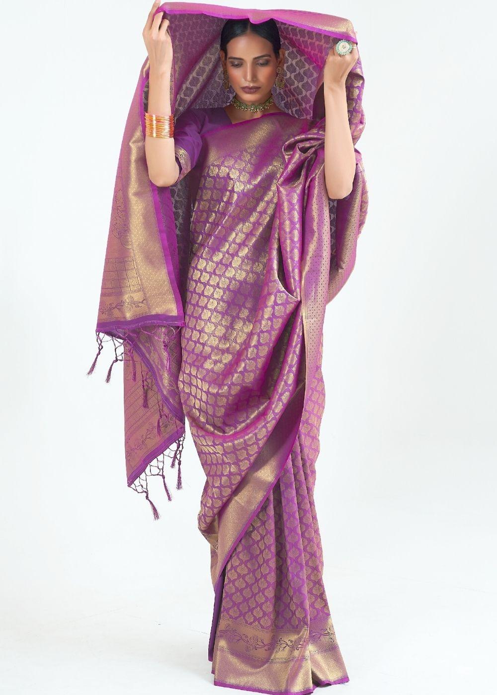 Deep Purple Woven Kanjivaram Silk Saree : Limited Edition | Stitched Blouse - qivii