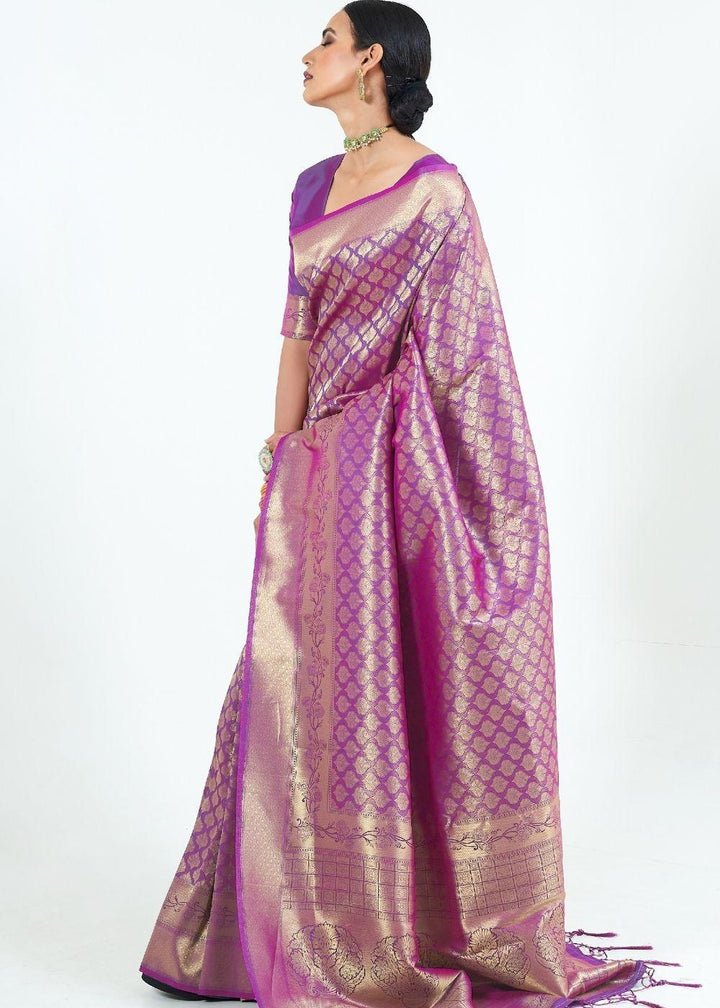 Deep Purple Woven Kanjivaram Silk Saree : Limited Edition | Stitched Blouse - qivii