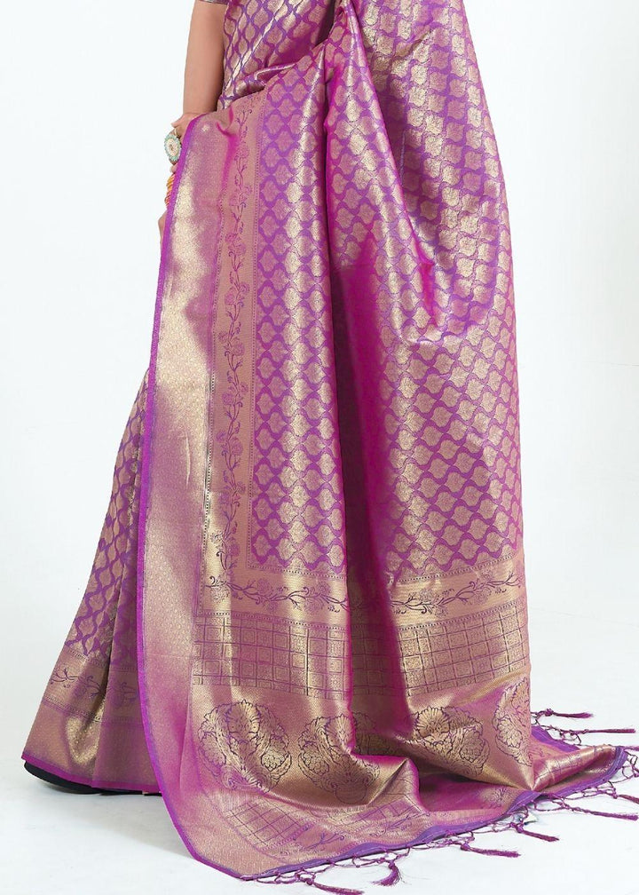 Deep Purple Woven Kanjivaram Silk Saree : Limited Edition | Stitched Blouse - qivii