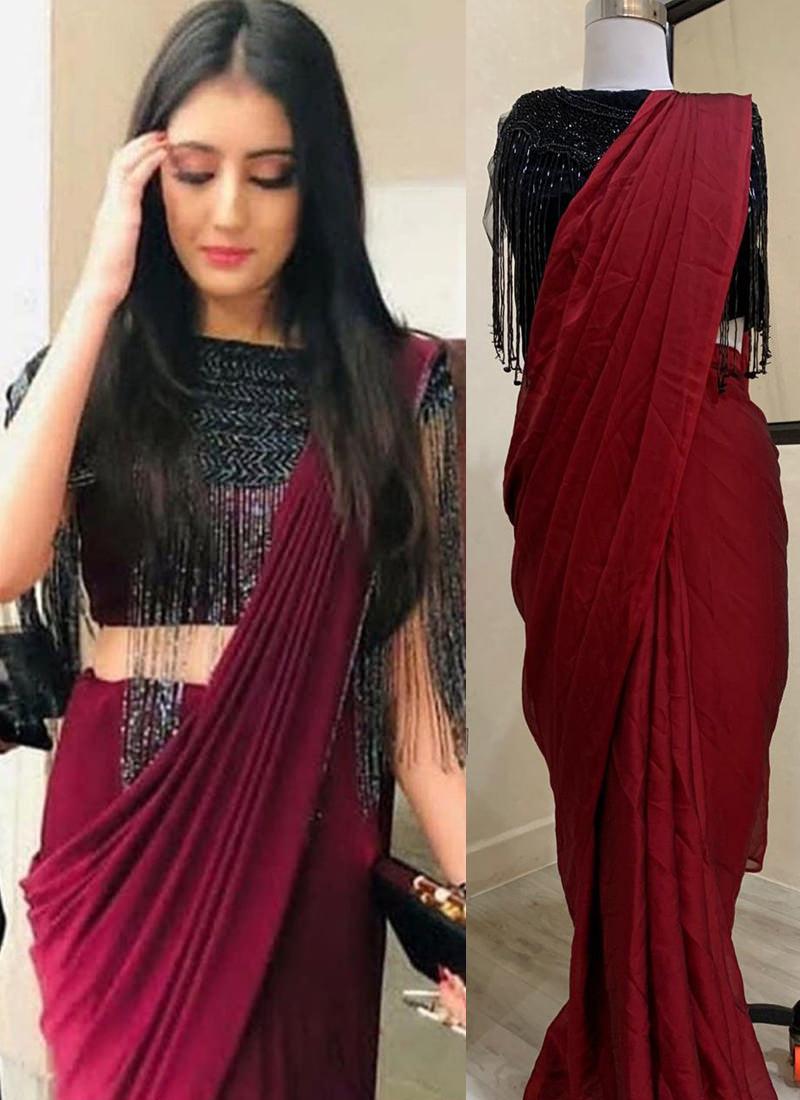 Delightful Party Wear Maroon Silk Readymade Saree  - By Kreeva