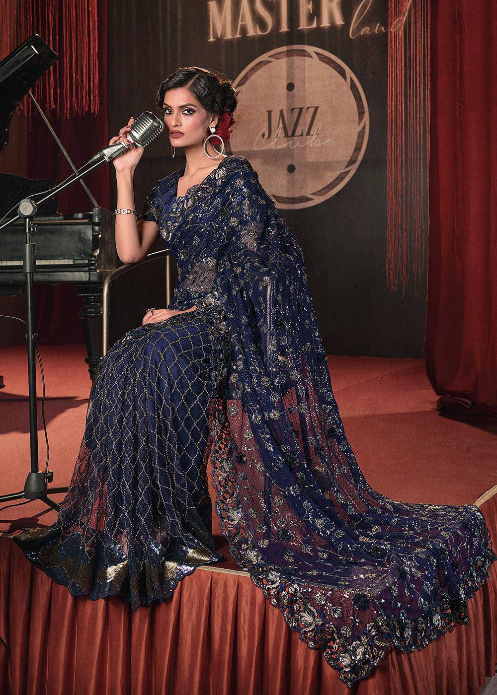 Denim Blue Digital Net Saree with Thread, Sequence,Zarkan,Moti and Flower Applique work | Stitched Blouse - qivii