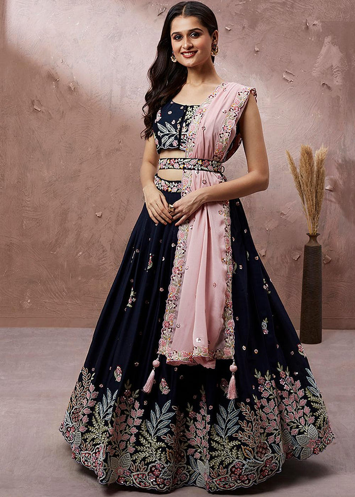 Denim Blue Georgette Lehenga Choli with Heavy Sequins & Coding Thread Embroidery work - qivii