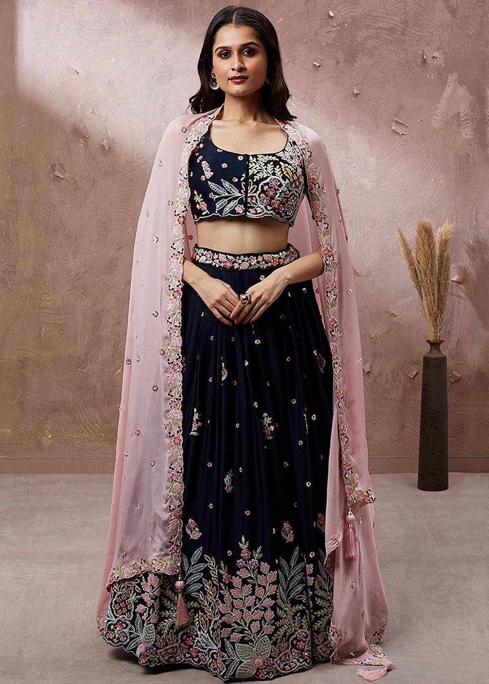 Denim Blue Georgette Lehenga Choli with Heavy Sequins & Coding Thread Embroidery work - qivii