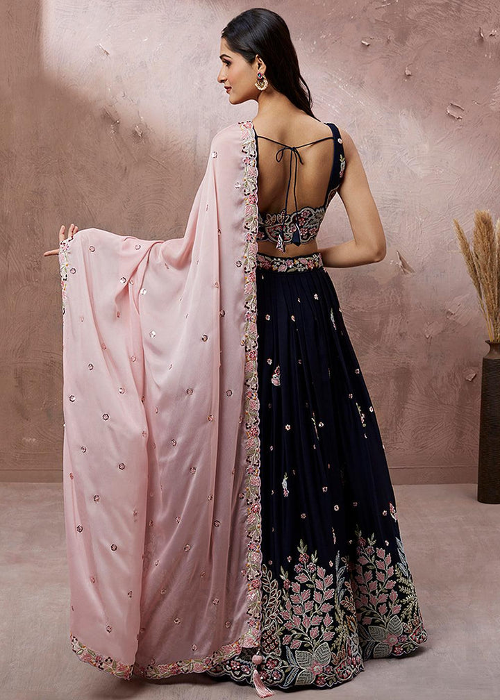 Denim Blue Georgette Lehenga Choli with Heavy Sequins & Coding Thread Embroidery work - qivii