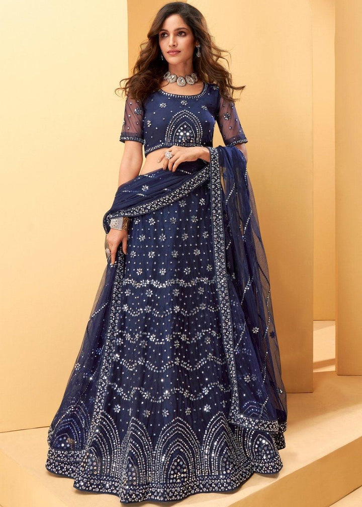 Denim Blue Net Lehenga Choli with Thread Embroidery,Mirror & Zarkan work - qivii