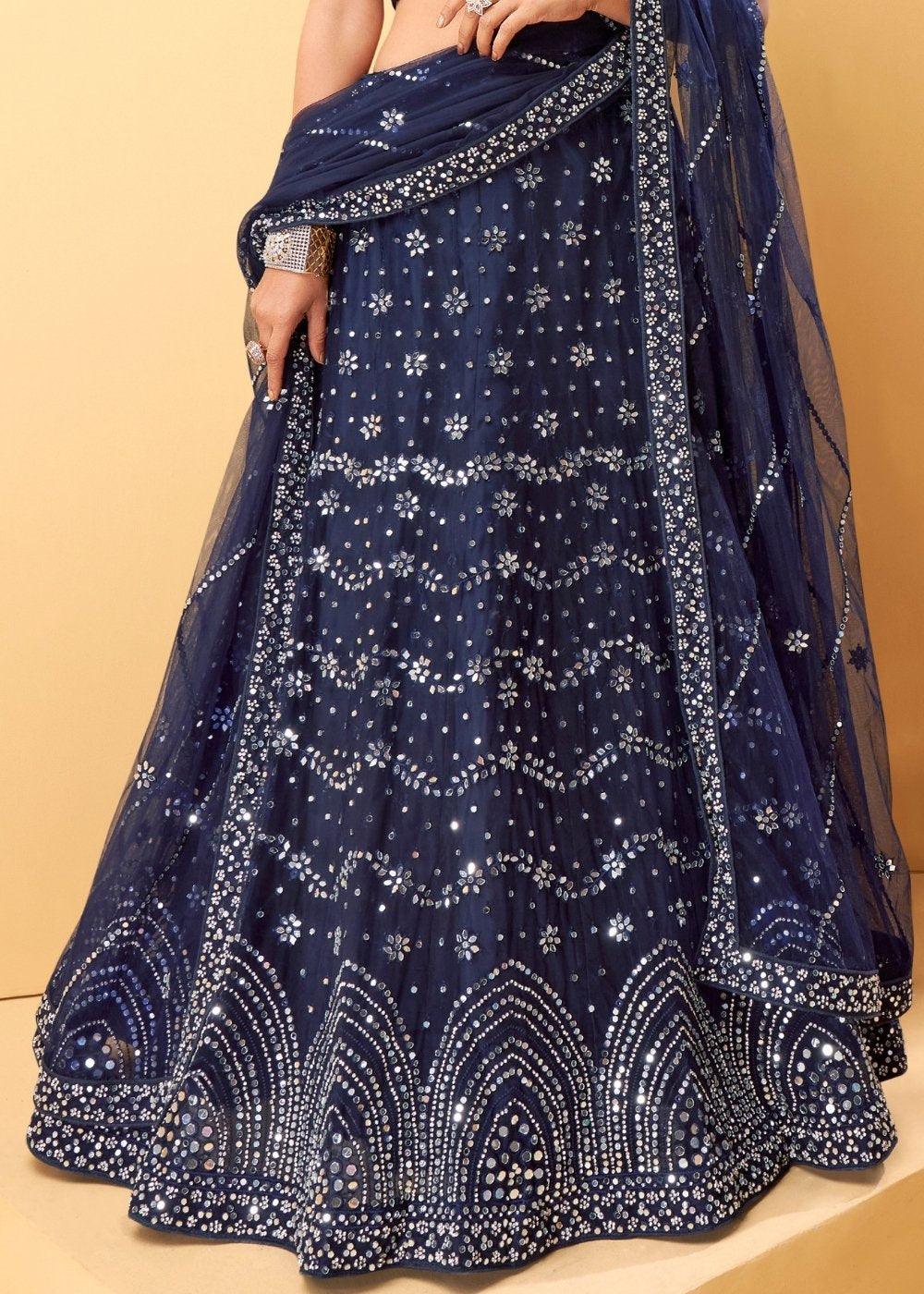 Denim Blue Net Lehenga Choli with Thread Embroidery,Mirror & Zarkan work - qivii