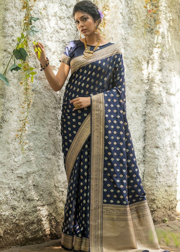 Denim Blue Soft Banarasi Silk Saree with overall Butti | Stitched Blouse - qivii