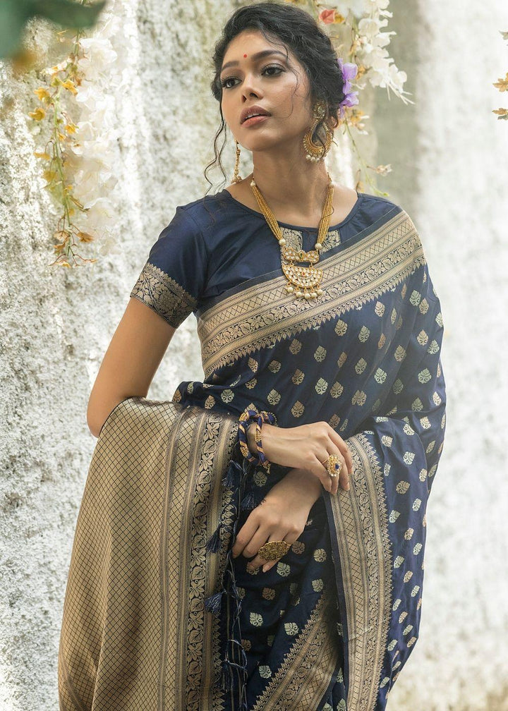 Denim Blue Soft Banarasi Silk Saree with overall Butti | Stitched Blouse - qivii