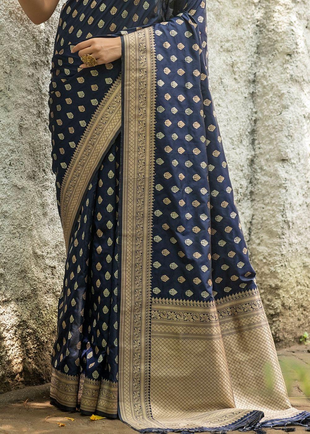 Denim Blue Soft Banarasi Silk Saree with overall Butti | Stitched Blouse - qivii