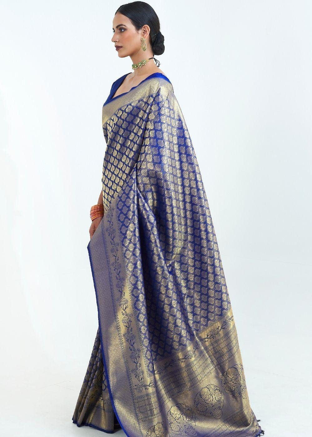 Denim Blue Woven Kanjivaram Silk Saree : Limited Edition | Stitched Blouse - qivii