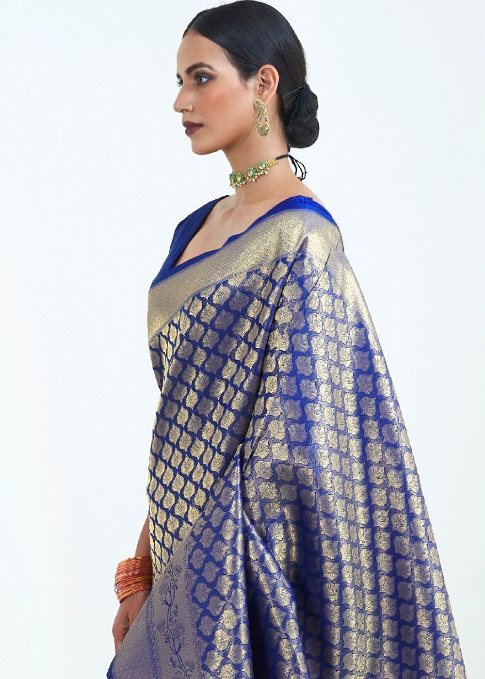 Denim Blue Woven Kanjivaram Silk Saree : Limited Edition | Stitched Blouse - qivii