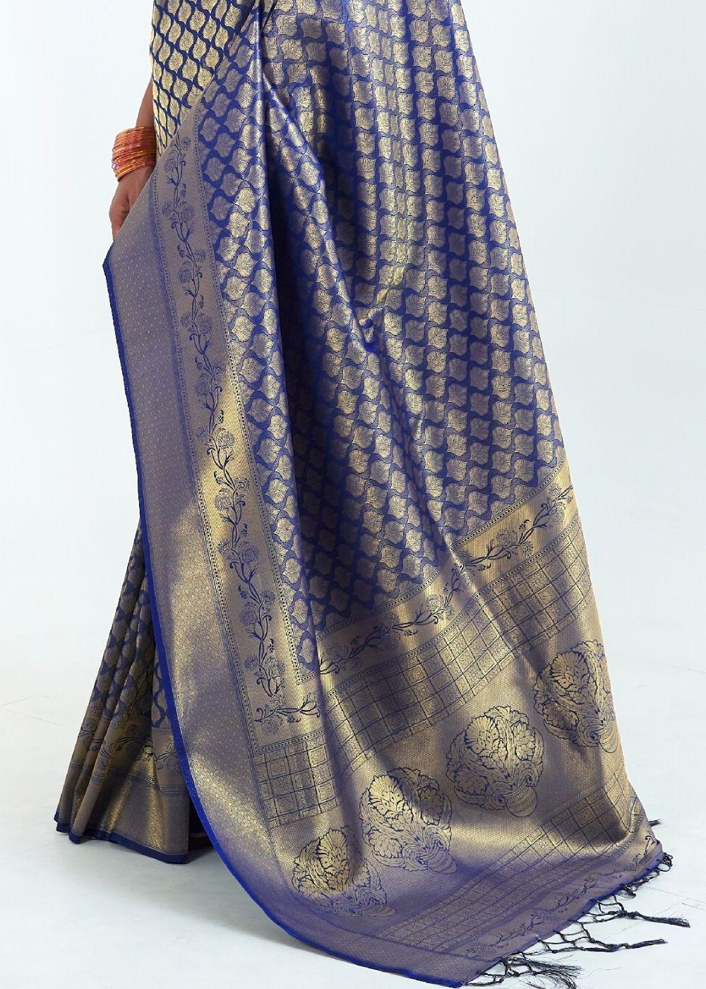 Denim Blue Woven Kanjivaram Silk Saree : Limited Edition | Stitched Blouse - qivii