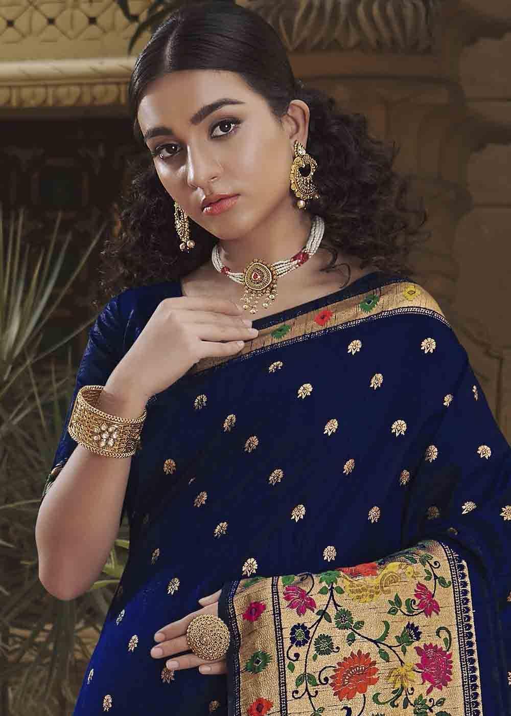 Denim Blue Woven Paithani Banarasi Silk Saree | Stitched Blouse - qivii