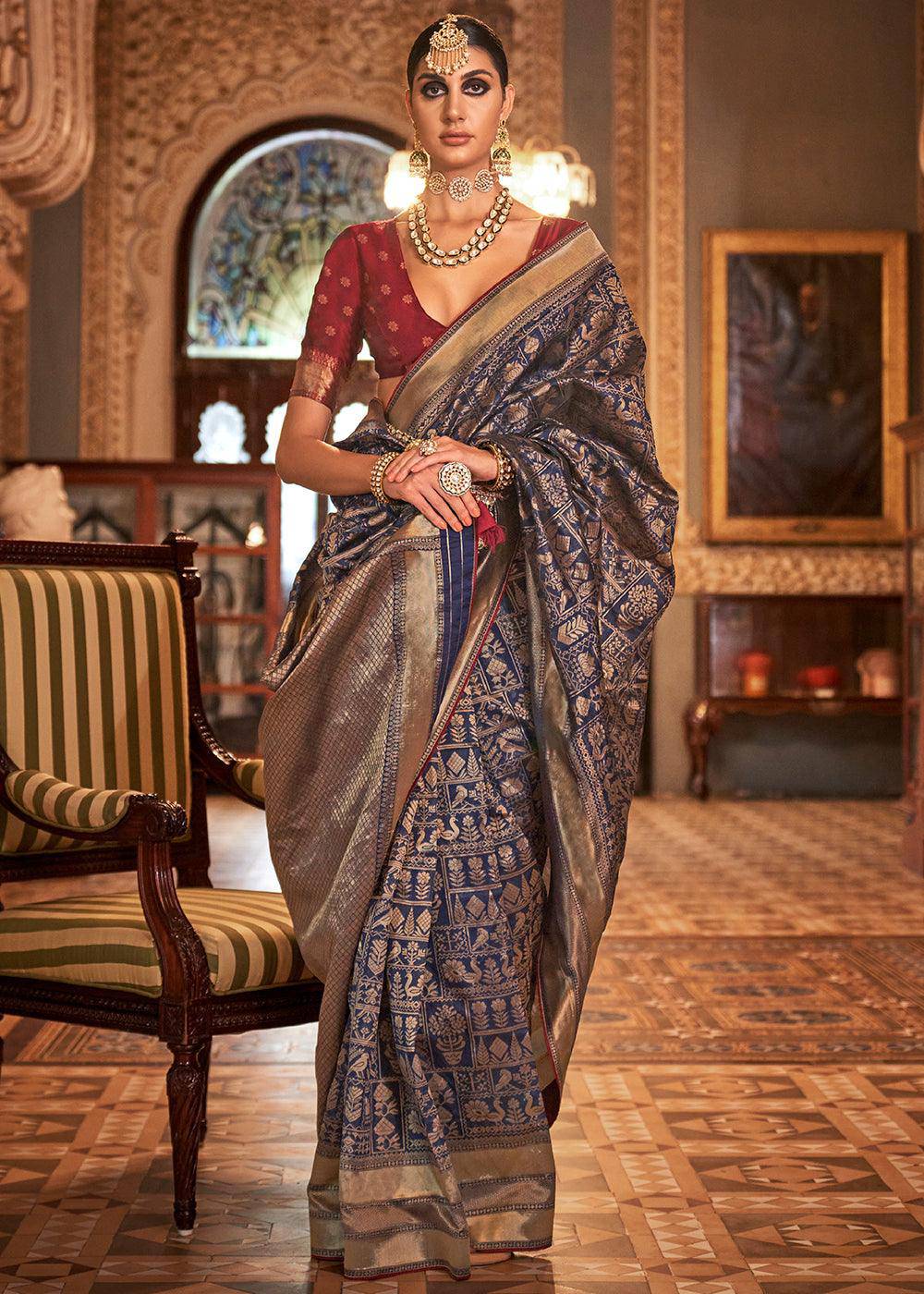 Denim Blue Zari Woven Banarasi Silk Saree | Stitched Blouse - qivii