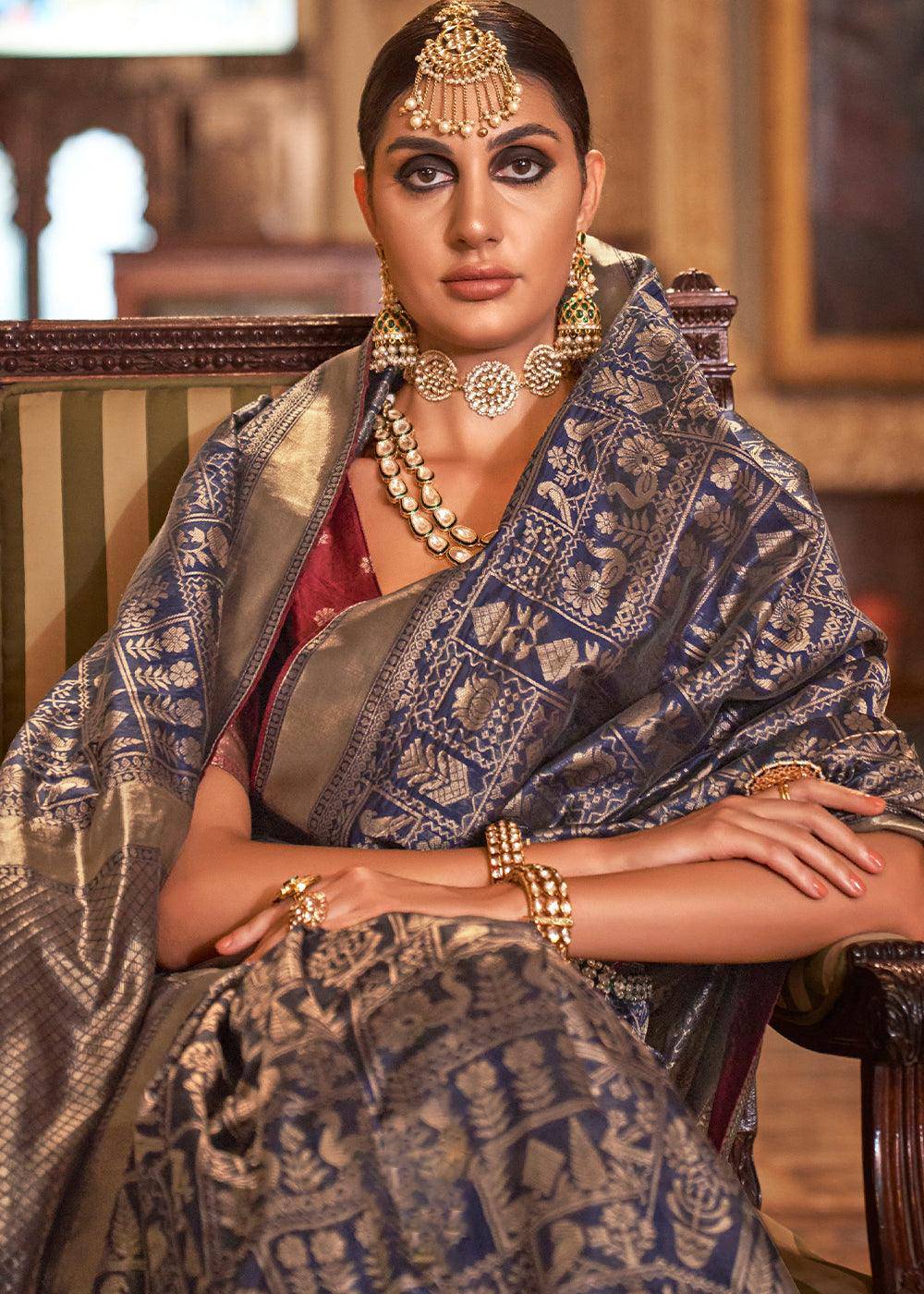 Denim Blue Zari Woven Banarasi Silk Saree | Stitched Blouse - qivii