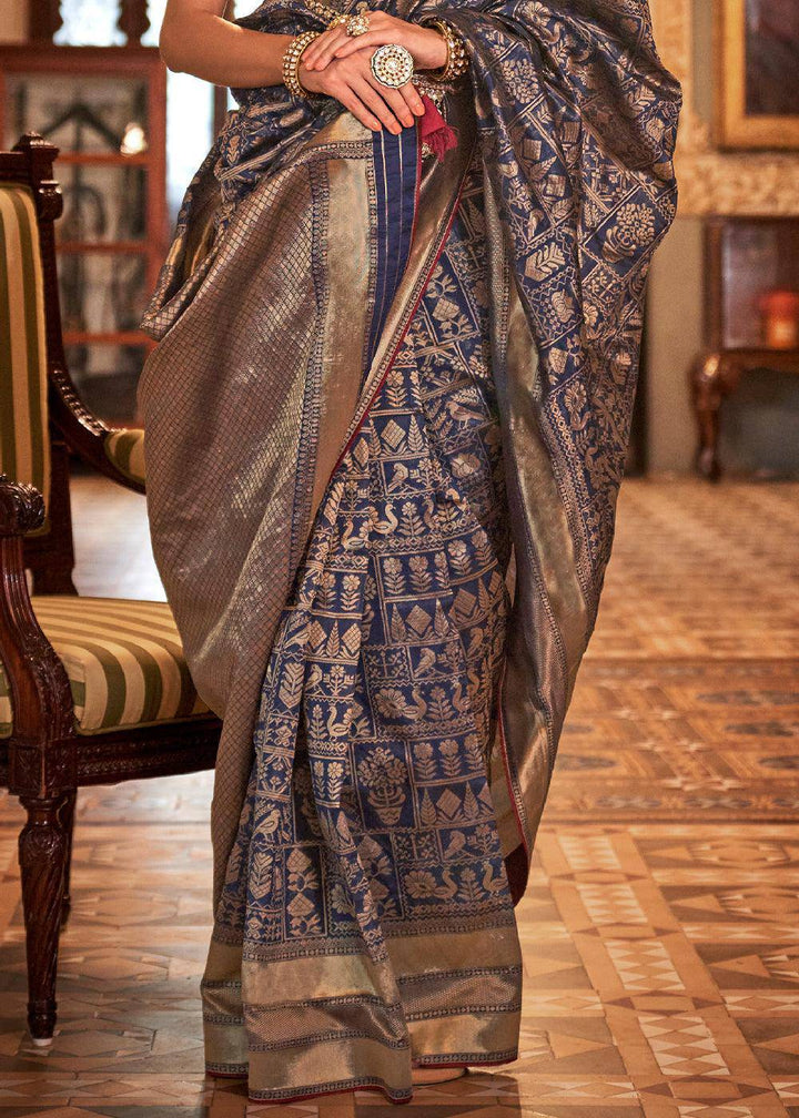 Denim Blue Zari Woven Banarasi Silk Saree | Stitched Blouse - qivii