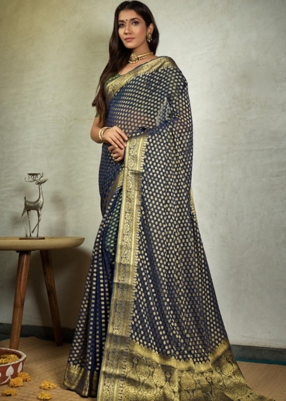 Denim Blue Zari Woven Chiffon Silk Saree | Stitched Blouse - qivii