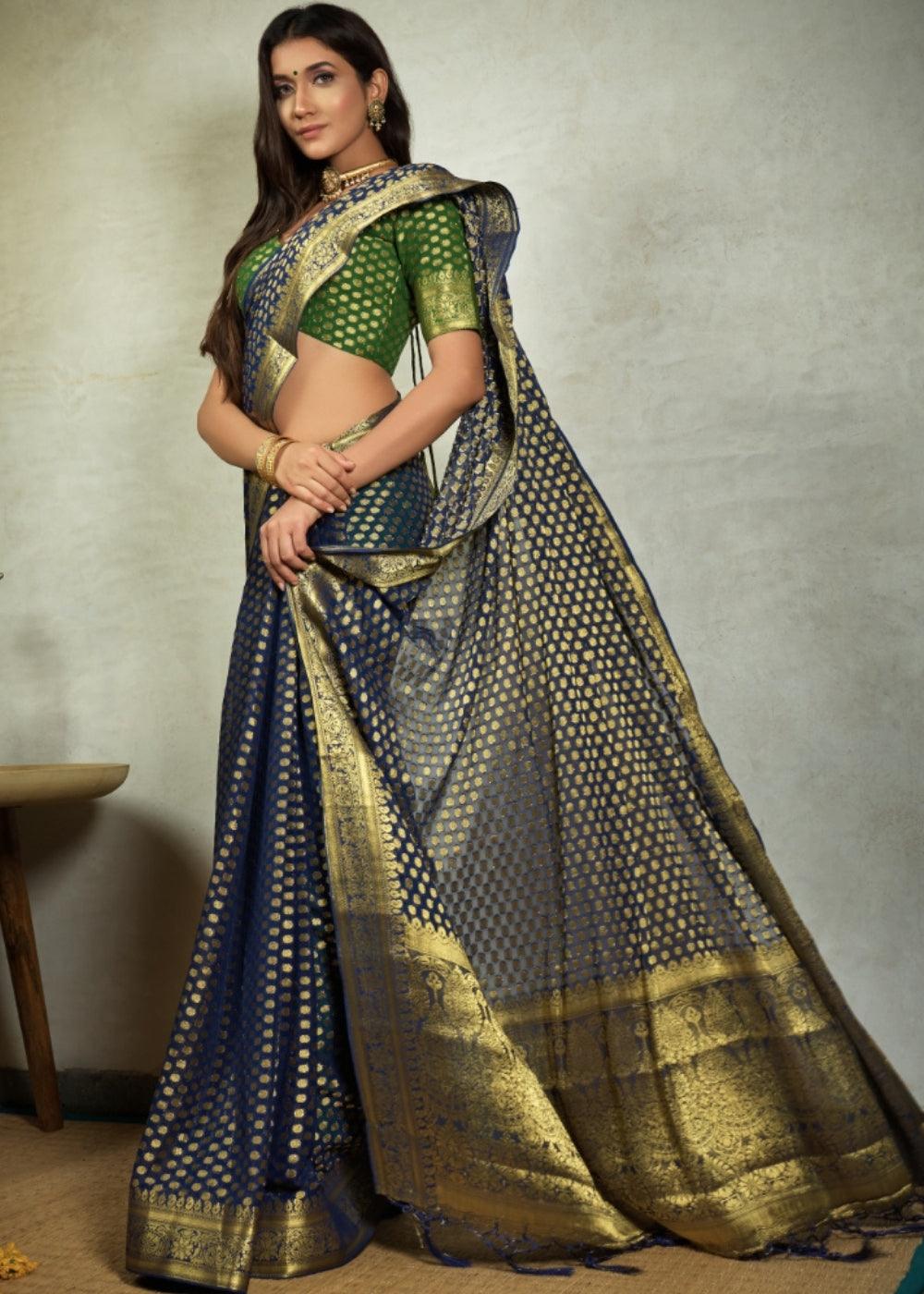 Denim Blue Zari Woven Chiffon Silk Saree | Stitched Blouse - qivii