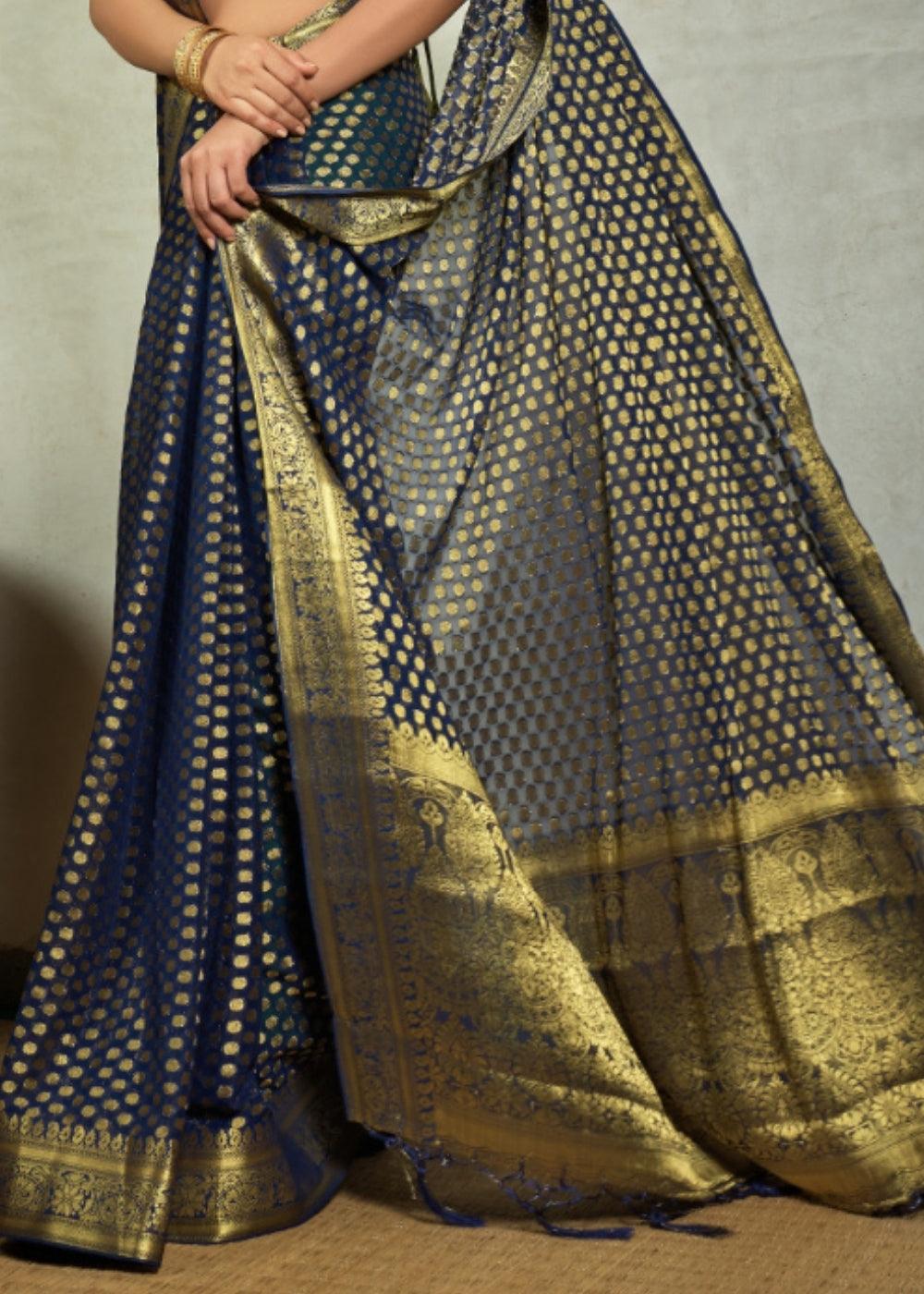 Denim Blue Zari Woven Chiffon Silk Saree | Stitched Blouse - qivii