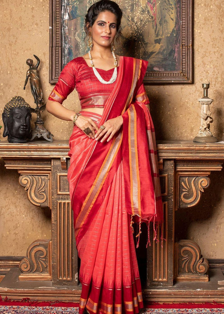 Desire Red Zari Woven Banarasi Raw Silk Saree | Stitched Blouse - qivii