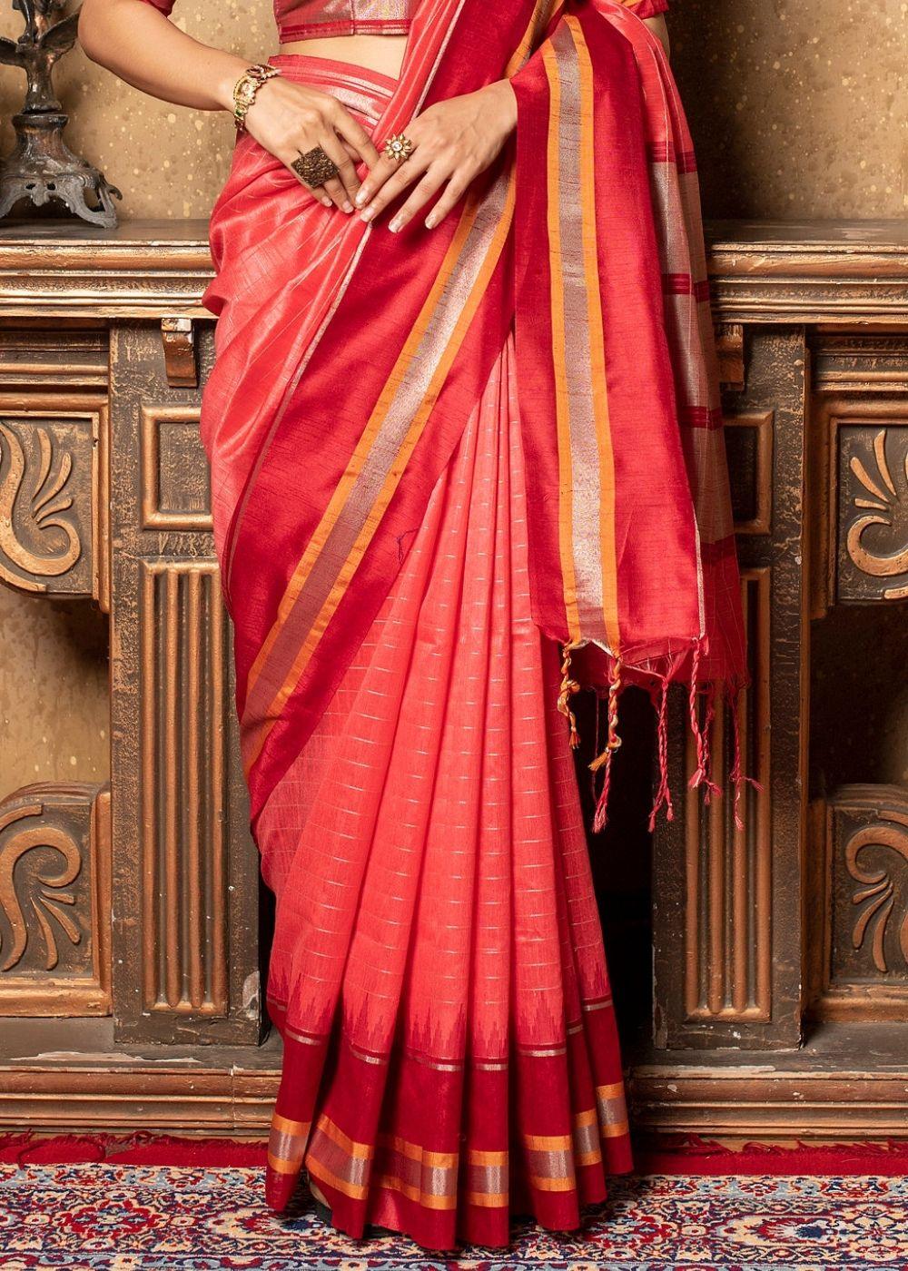 Desire Red Zari Woven Banarasi Raw Silk Saree | Stitched Blouse - qivii