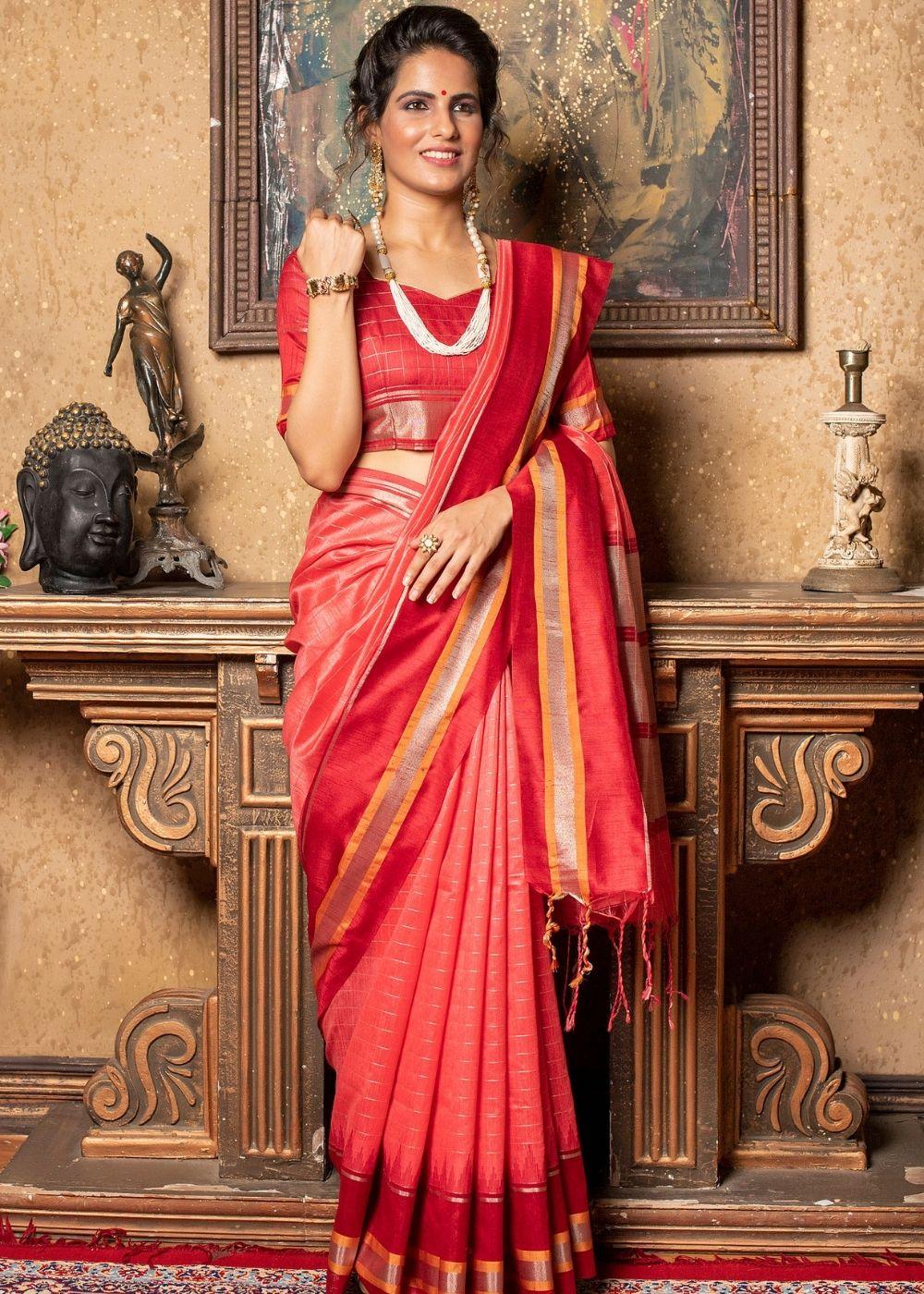 Desire Red Zari Woven Banarasi Raw Silk Saree | Stitched Blouse - qivii