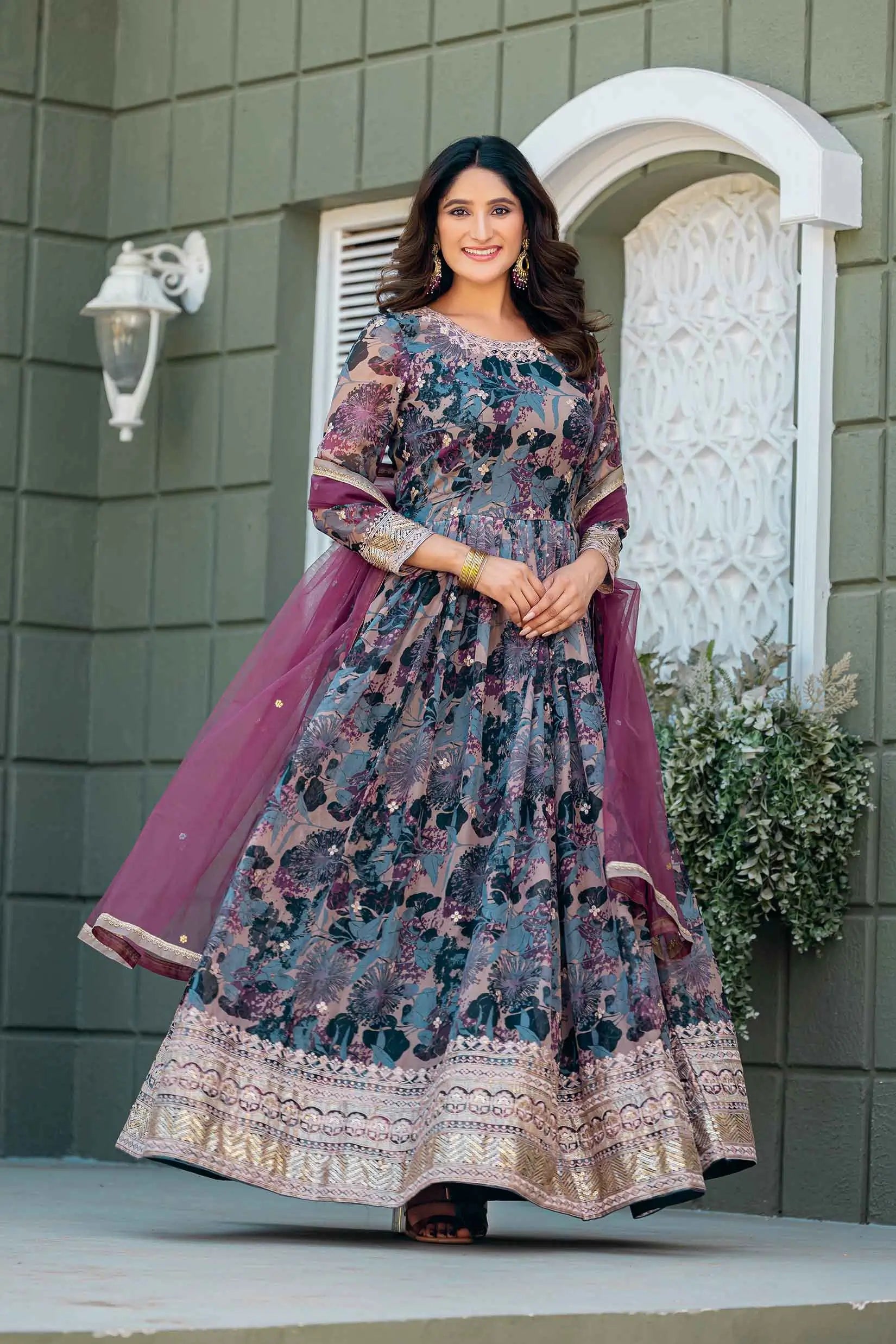 Purple Multi Floral Embroidery Work Gown
