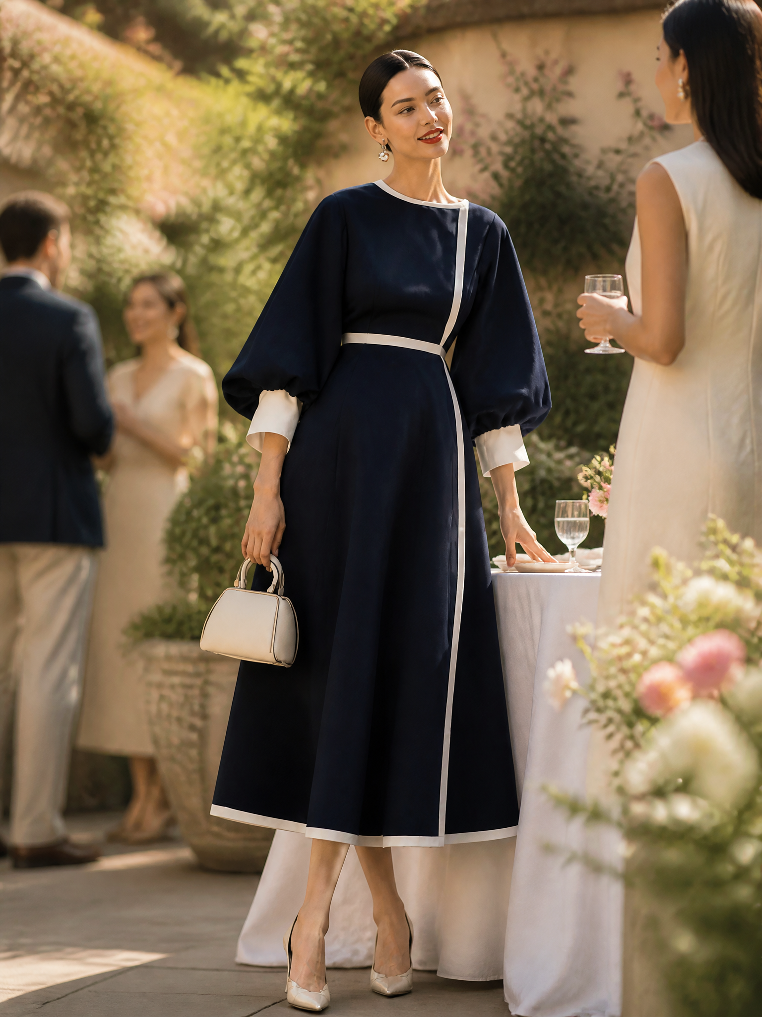 Women's Colorblock Elegant Puff Sleeve Maxi Dress MDZ1499H2GMJ