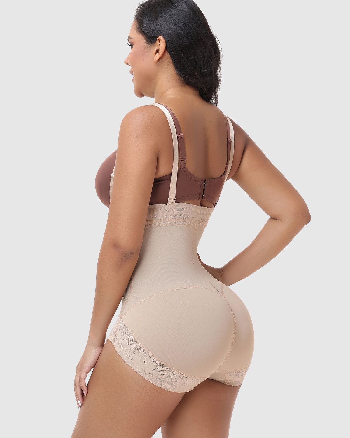 Detachable Strap Front Zip Lace Tummy Control Butt Lifting High Waist Shapewear Shorts