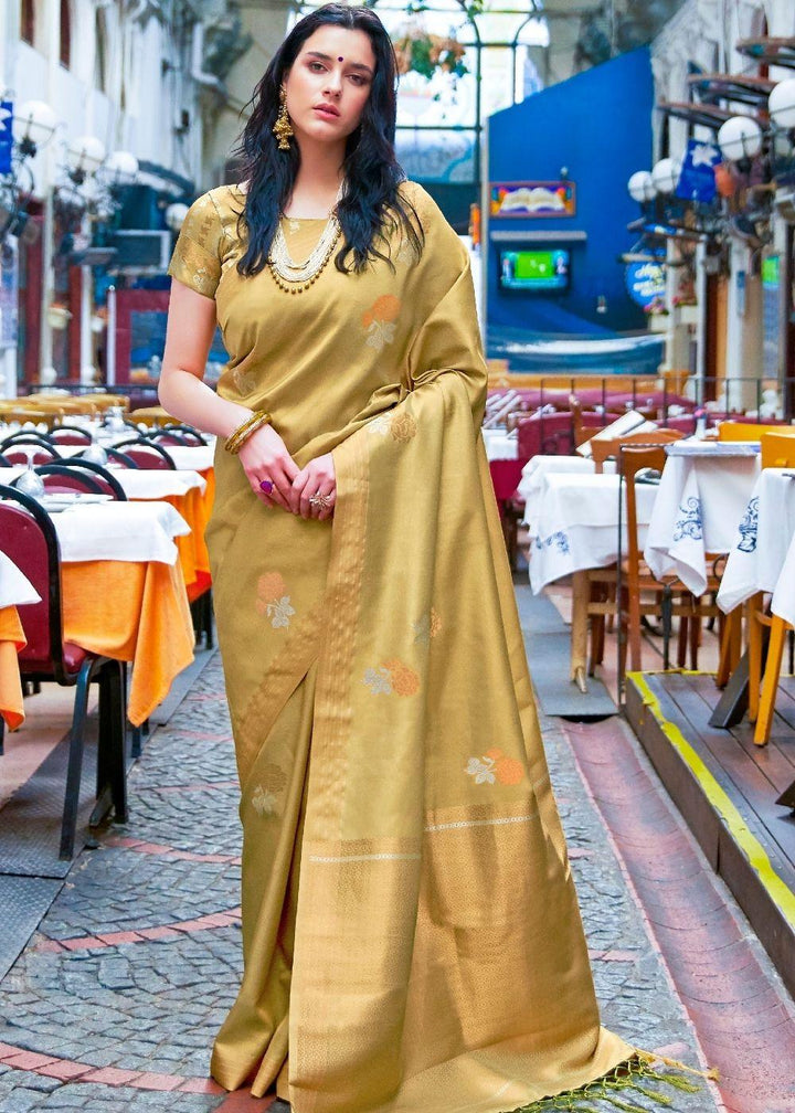 Dijon Yellow Designer Wear Woven Banarasi Silk Saree | Stitched Blouse - qivii