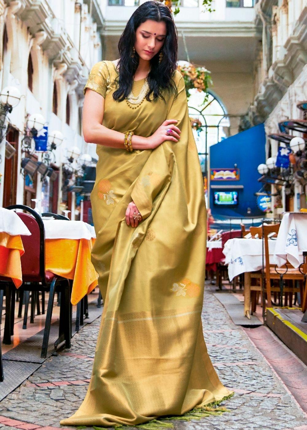 Dijon Yellow Designer Wear Woven Banarasi Silk Saree | Stitched Blouse - qivii