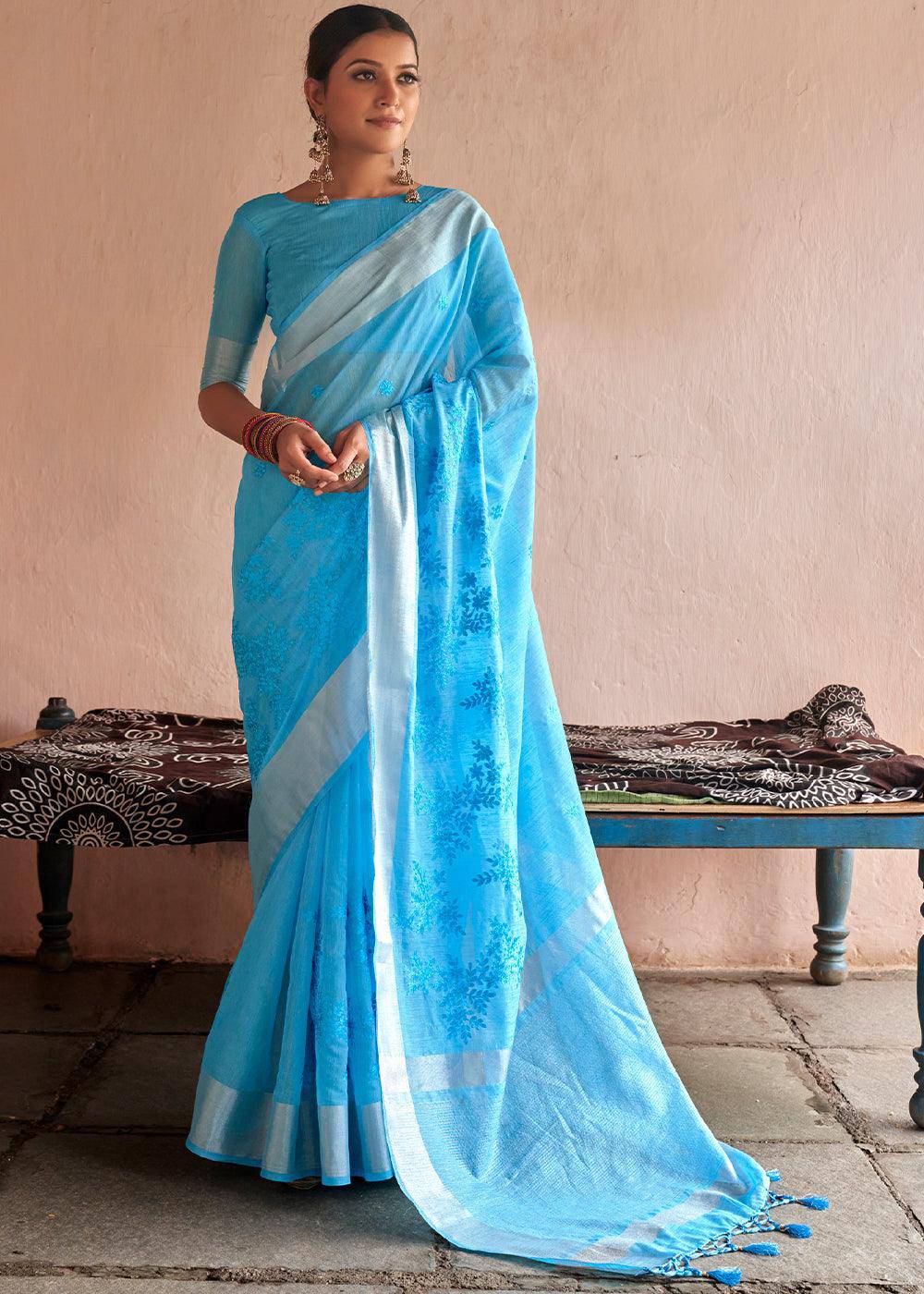 Dodger Blue Floral Embroidered Linen Saree | Stitched Blouse - qivii