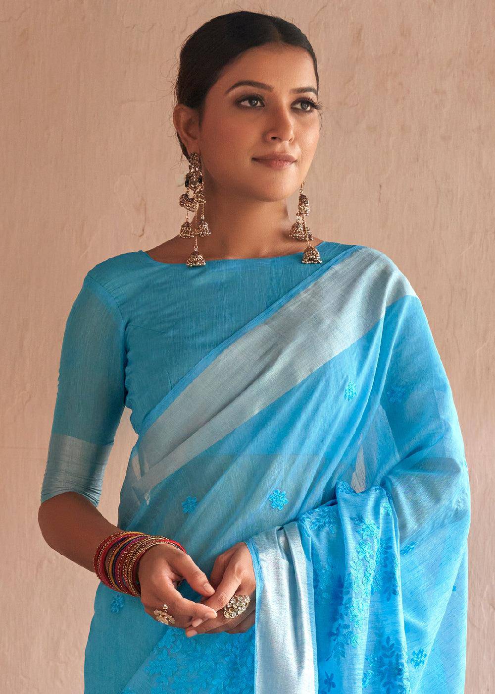 Dodger Blue Floral Embroidered Linen Saree | Stitched Blouse - qivii