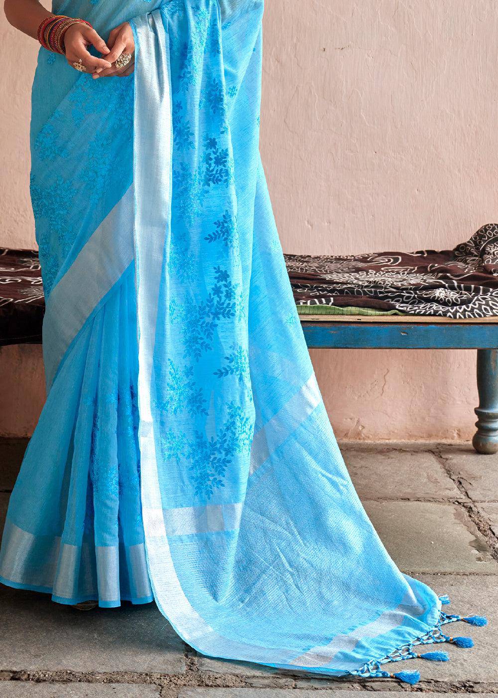 Dodger Blue Floral Embroidered Linen Saree | Stitched Blouse - qivii