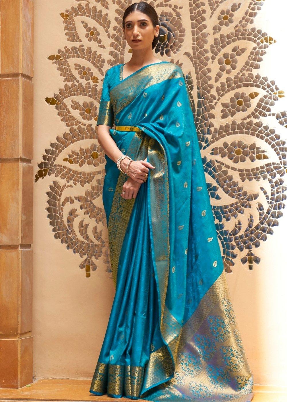 Dodger Blue Woven Kanjivaram Silk Saree : Top Pick | Stitched Blouse - qivii