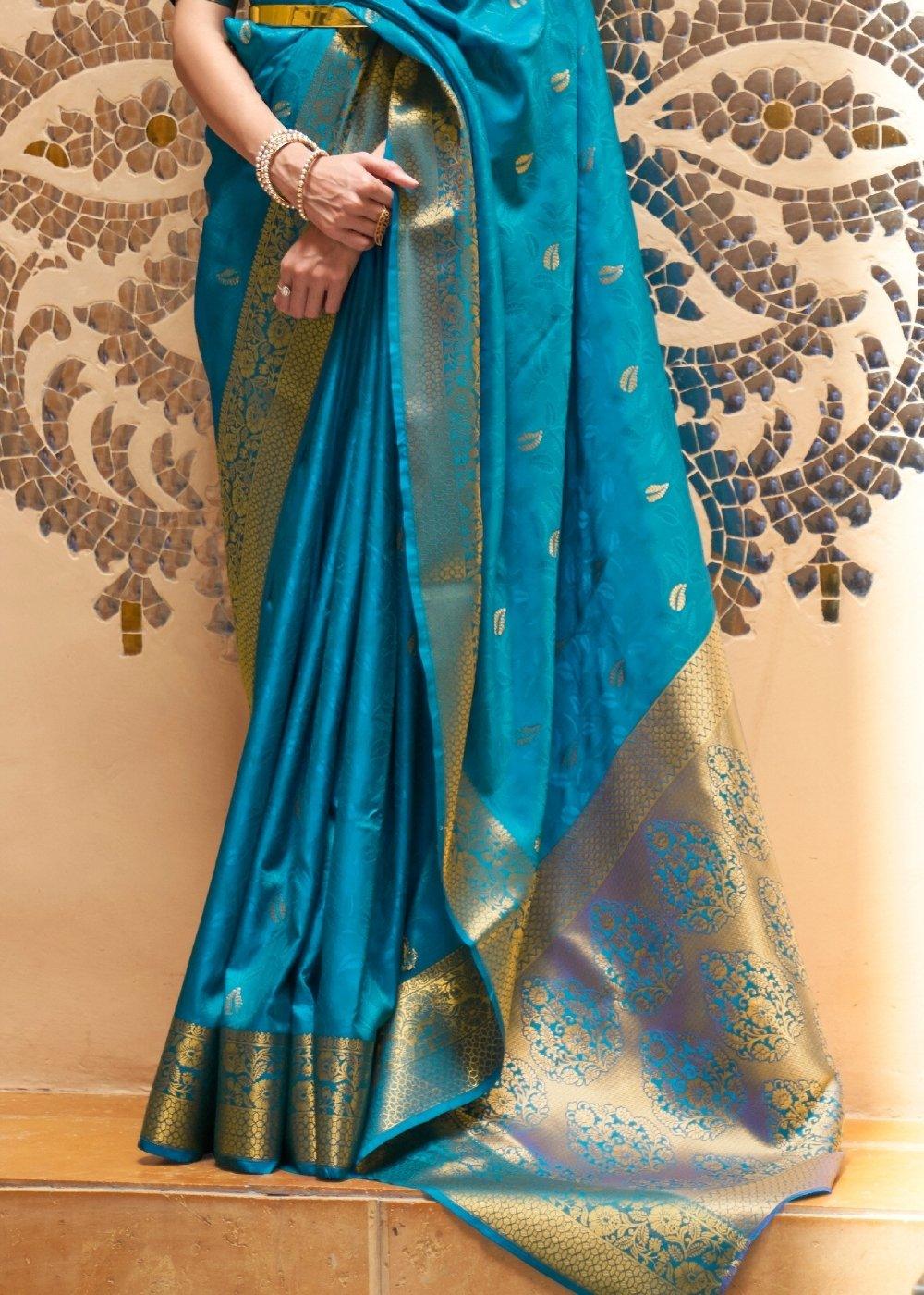 Dodger Blue Woven Kanjivaram Silk Saree : Top Pick | Stitched Blouse - qivii