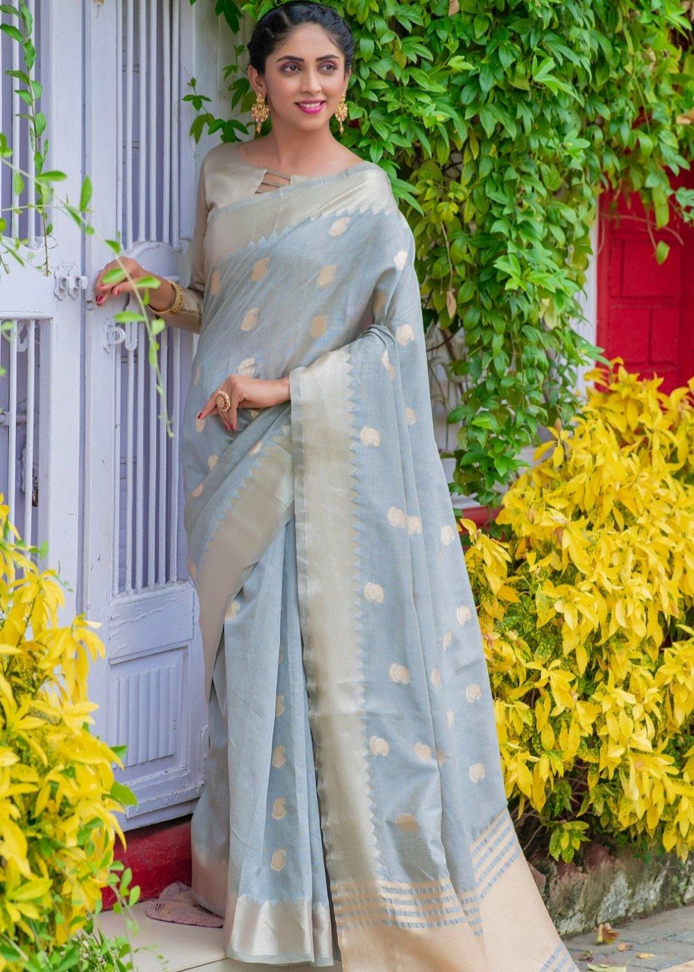 Dolphin Grey Assam Silk Saree with Zari Weaving Butti overall | Stitched Blouse - qivii