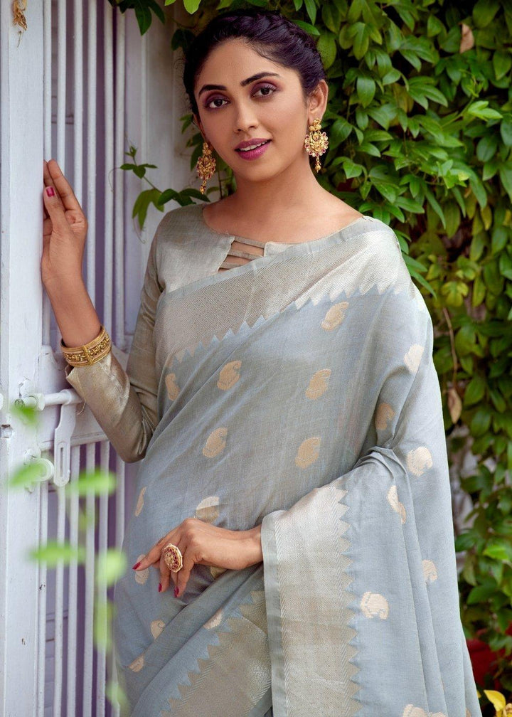 Dolphin Grey Assam Silk Saree with Zari Weaving Butti overall | Stitched Blouse - qivii