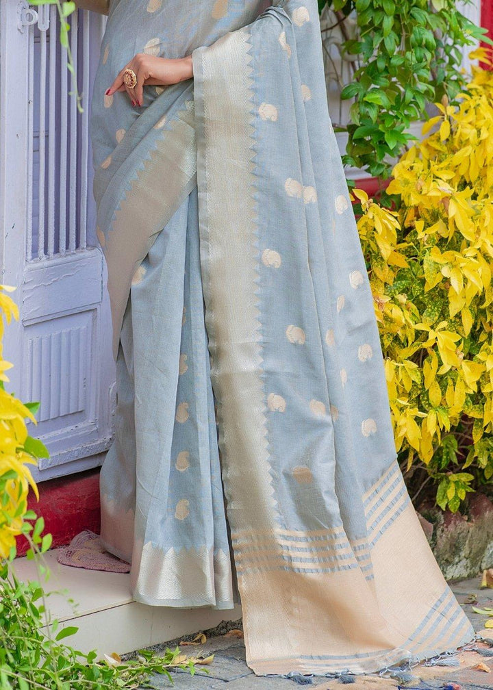 Dolphin Grey Assam Silk Saree with Zari Weaving Butti overall | Stitched Blouse - qivii