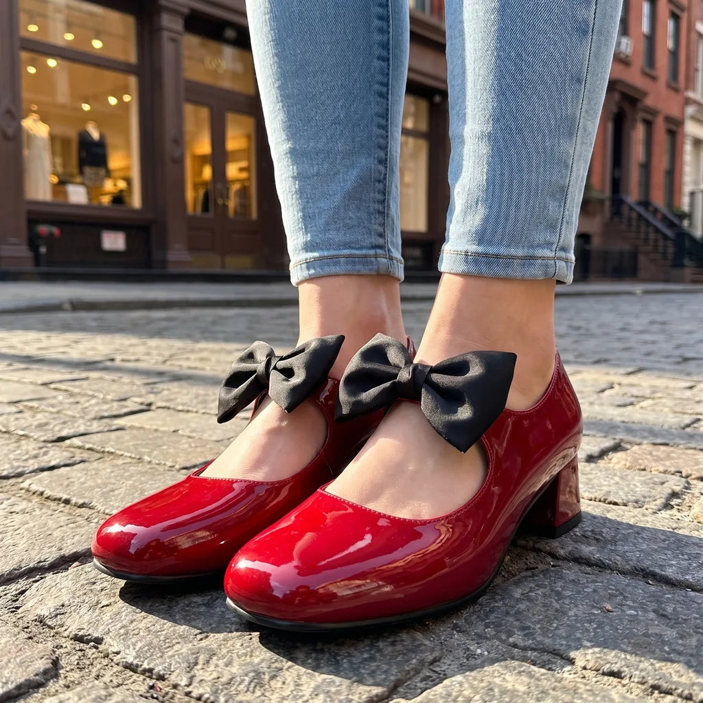 Hudson Ridge Doris women's bow-tie Mary Jane heels with multi-colored design and ankle strap, elegant women's footwear for stylish occasions.