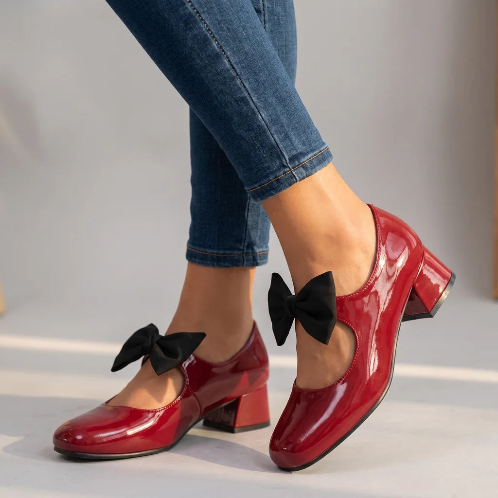 Wine red Doris women's bow-tie Mary Jane heels by Hudson Ridge, stylish women's footwear with elegant design and ankle strap detail.