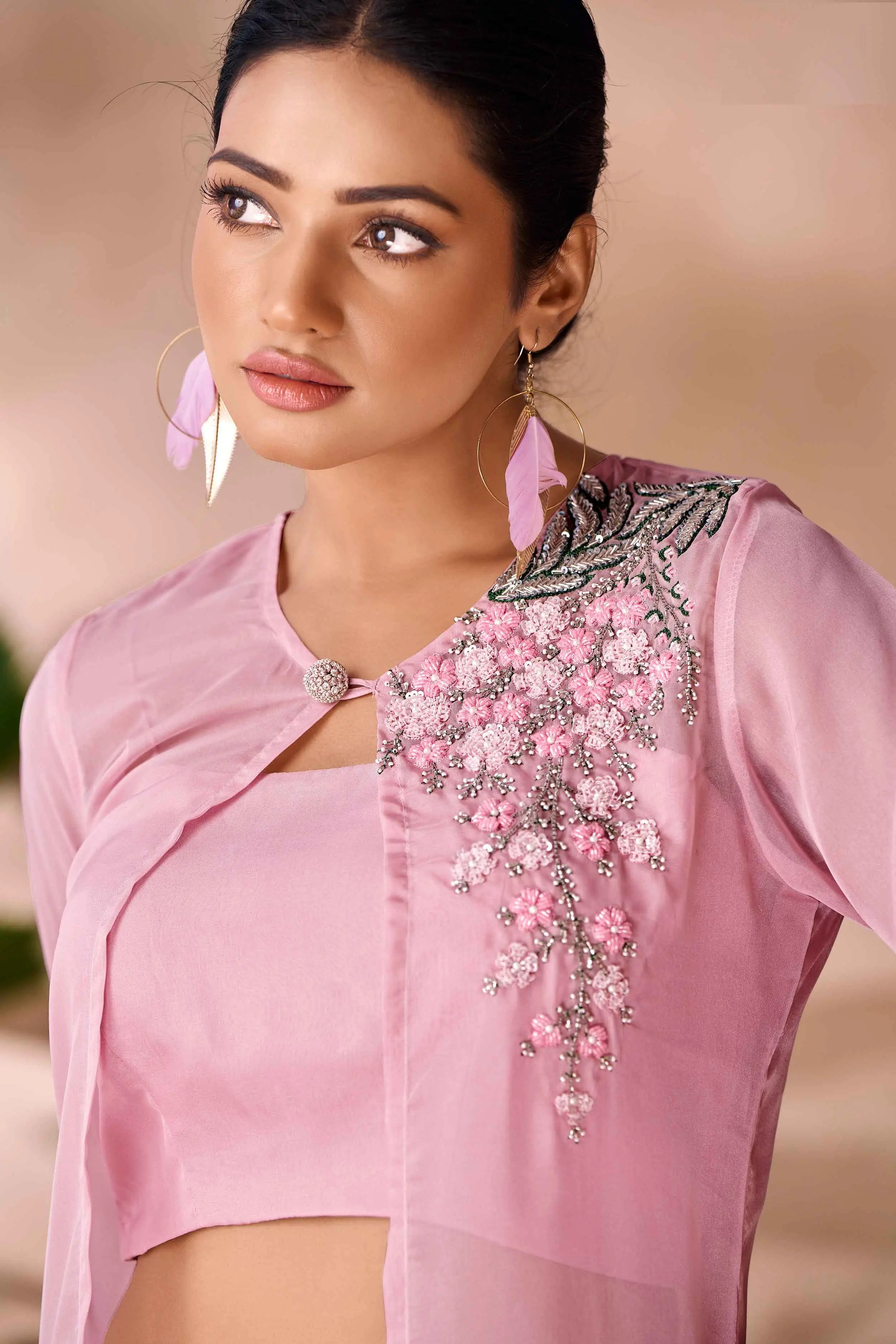Baby Pink Hand Work Stylish Organza Indo-Western With Long Shrug - qivii