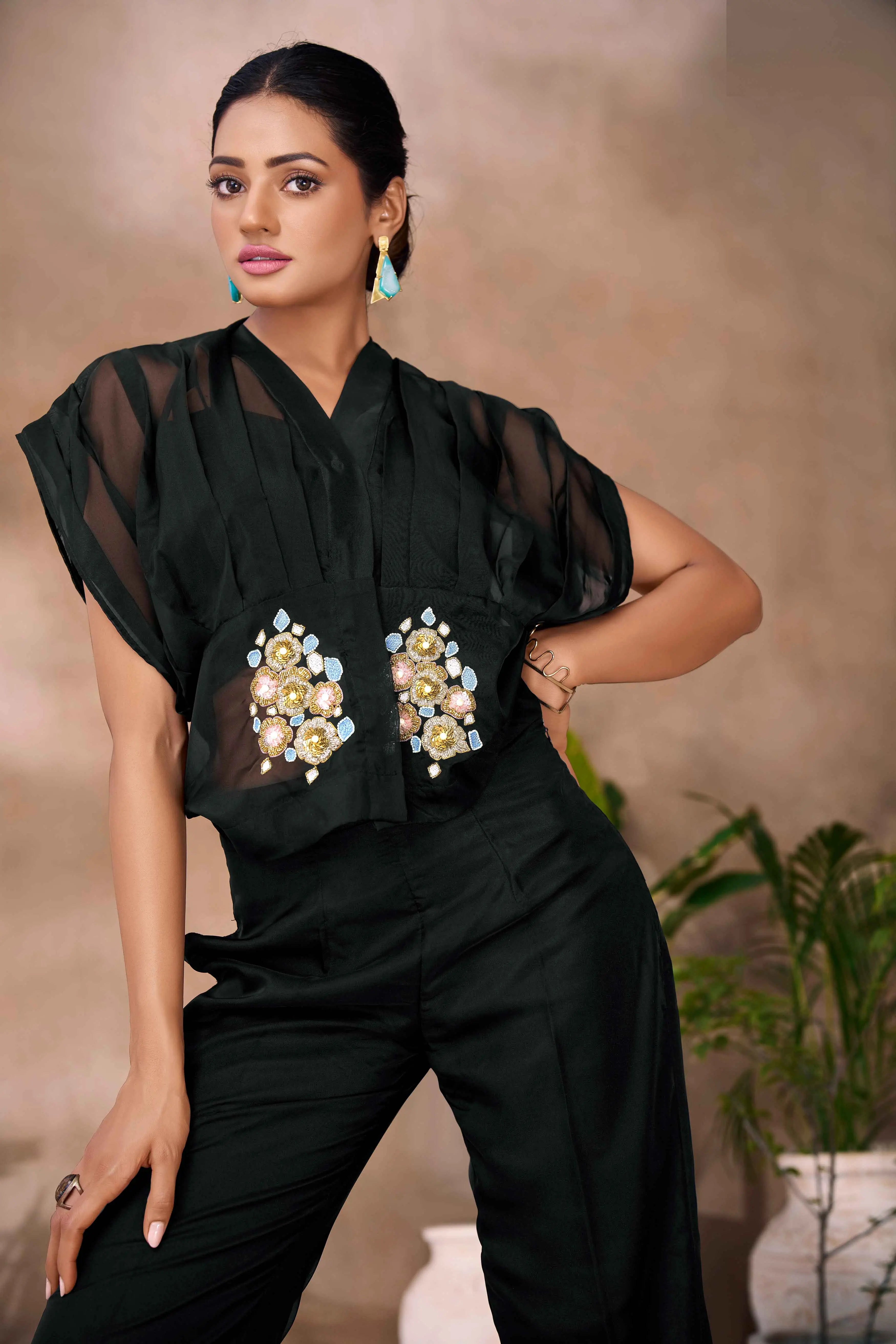 Beautiful Designer  Black Organza Floral Hand Work Co- Ord Set