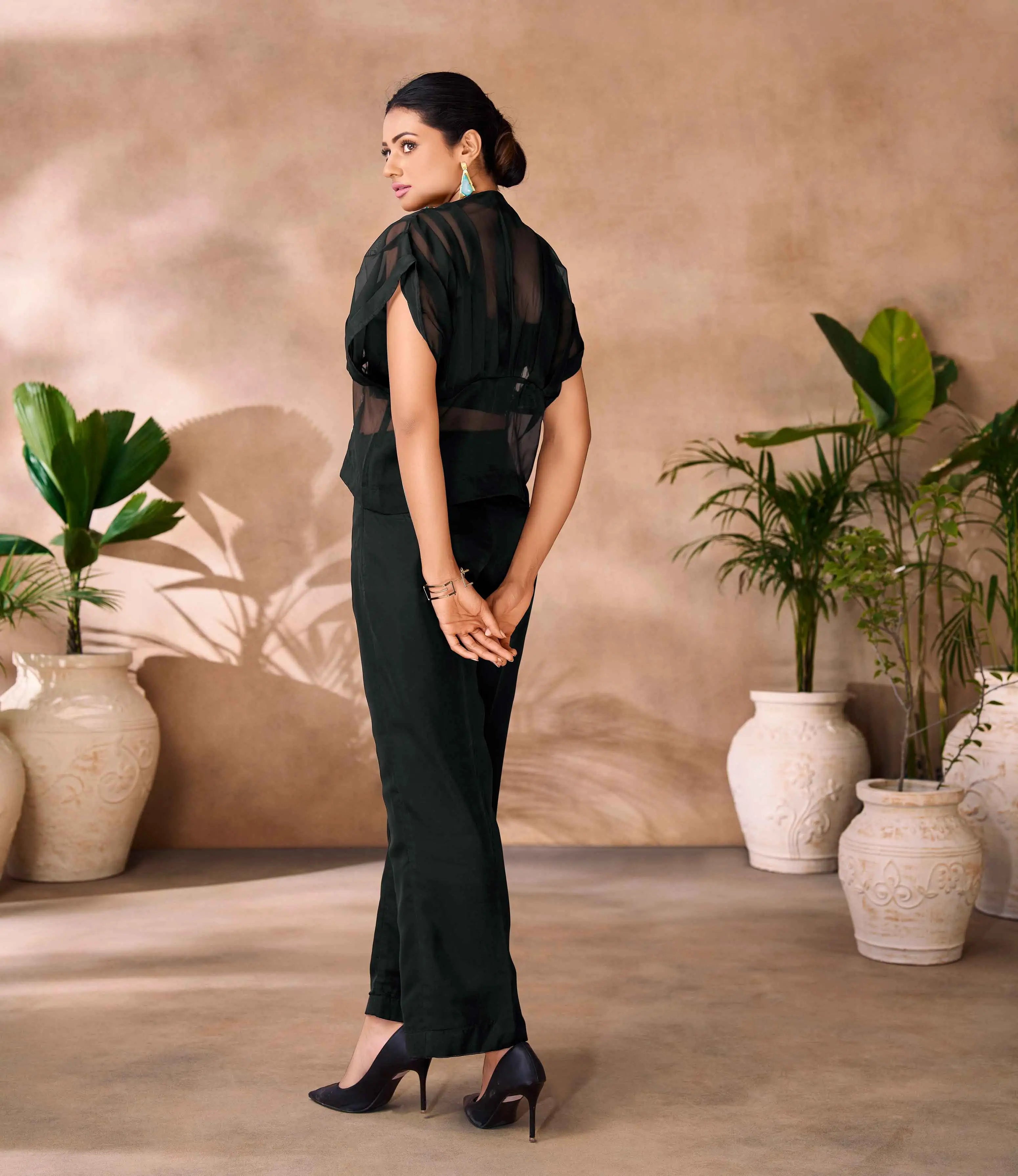 Beautiful Designer  Black Organza Floral Hand Work Co- Ord Set