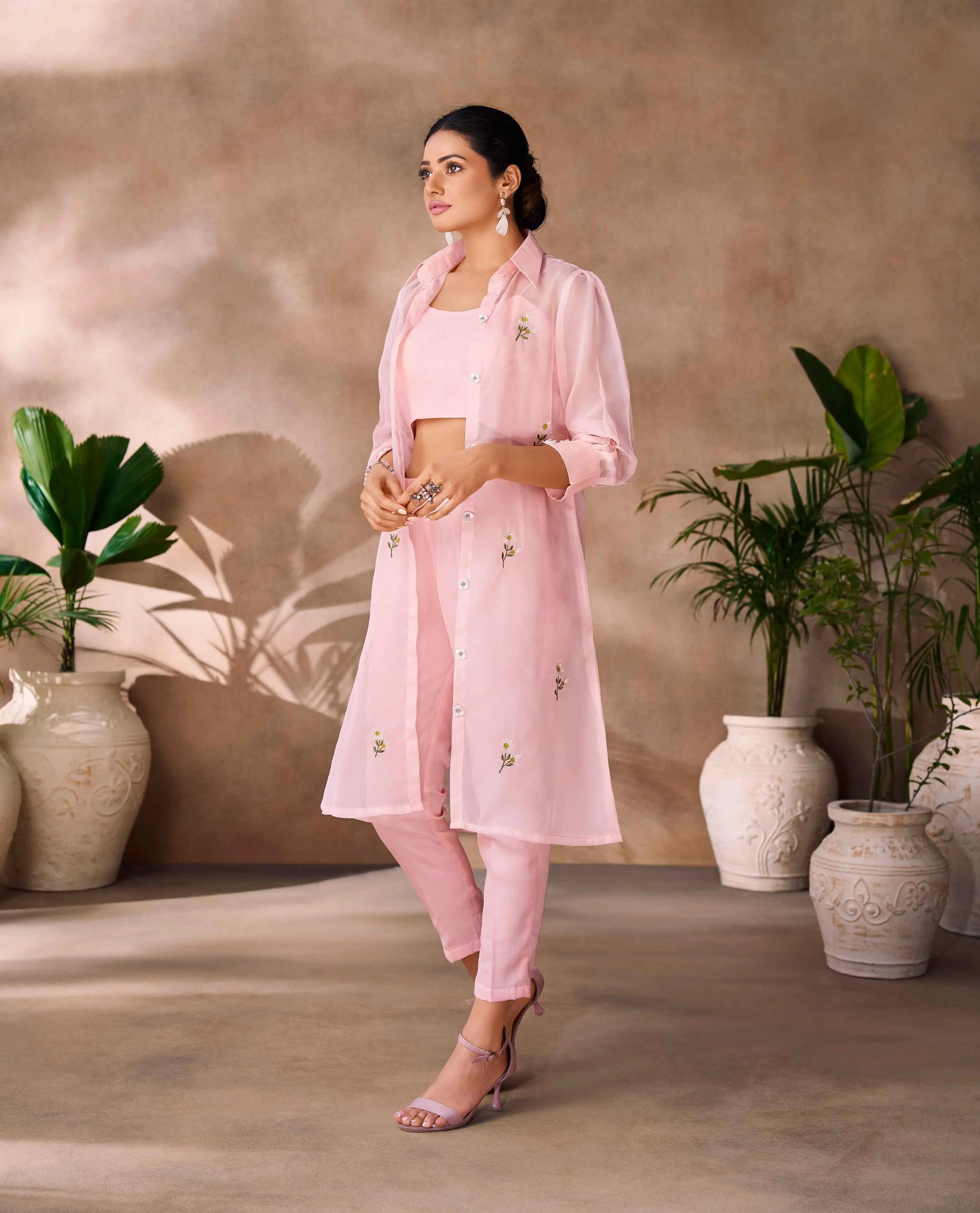 Peach Hand Work Stylish Organza Indo-Western With Long Shrug - qivii