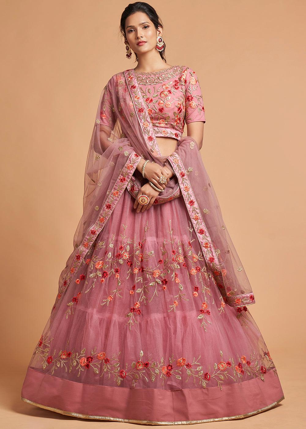 Dusty Pink Designer Soft Net Lehenga Choli with Zari, Dori & Thread Embroidery work - qivii