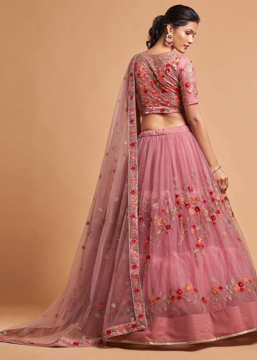 Dusty Pink Designer Soft Net Lehenga Choli with Zari, Dori & Thread Embroidery work - qivii