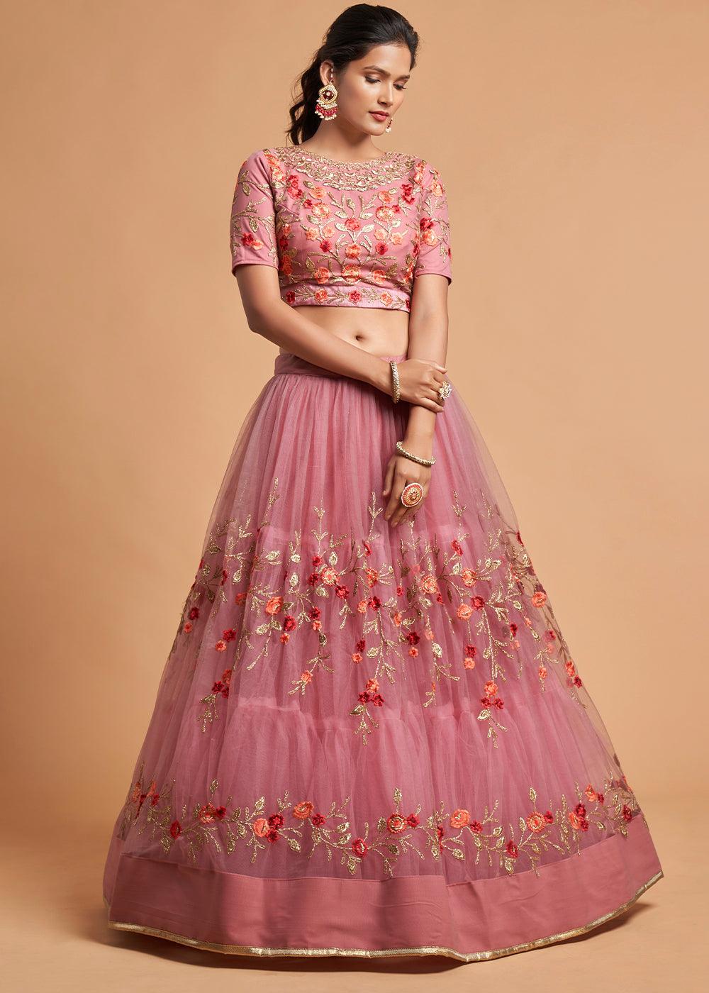 Dusty Pink Designer Soft Net Lehenga Choli with Zari, Dori & Thread Embroidery work - qivii