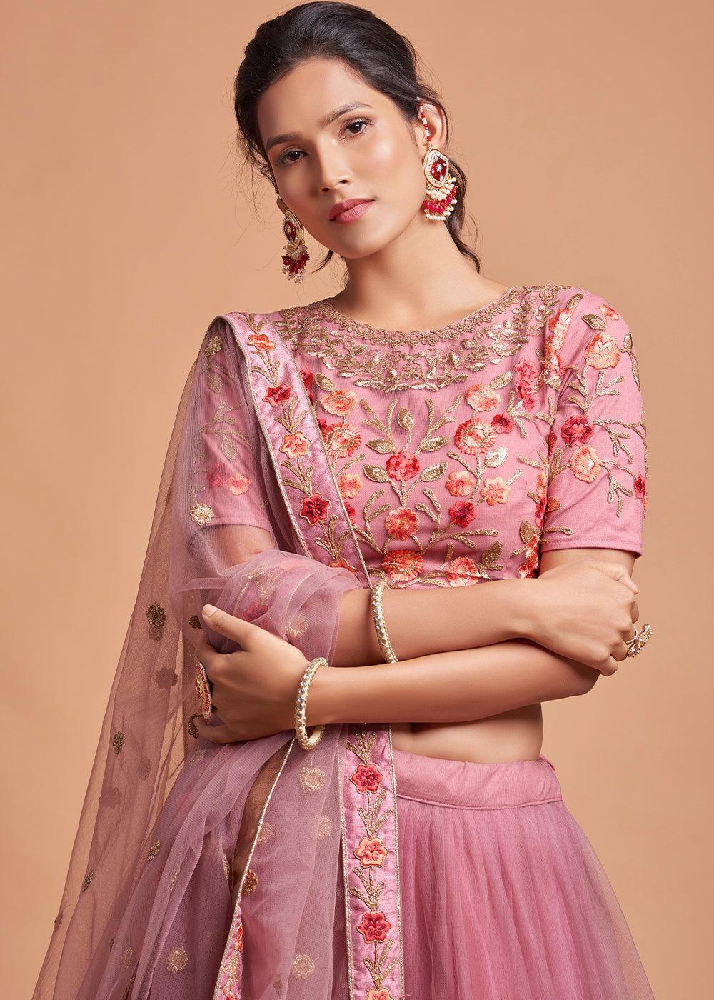 Dusty Pink Designer Soft Net Lehenga Choli with Zari, Dori & Thread Embroidery work - qivii